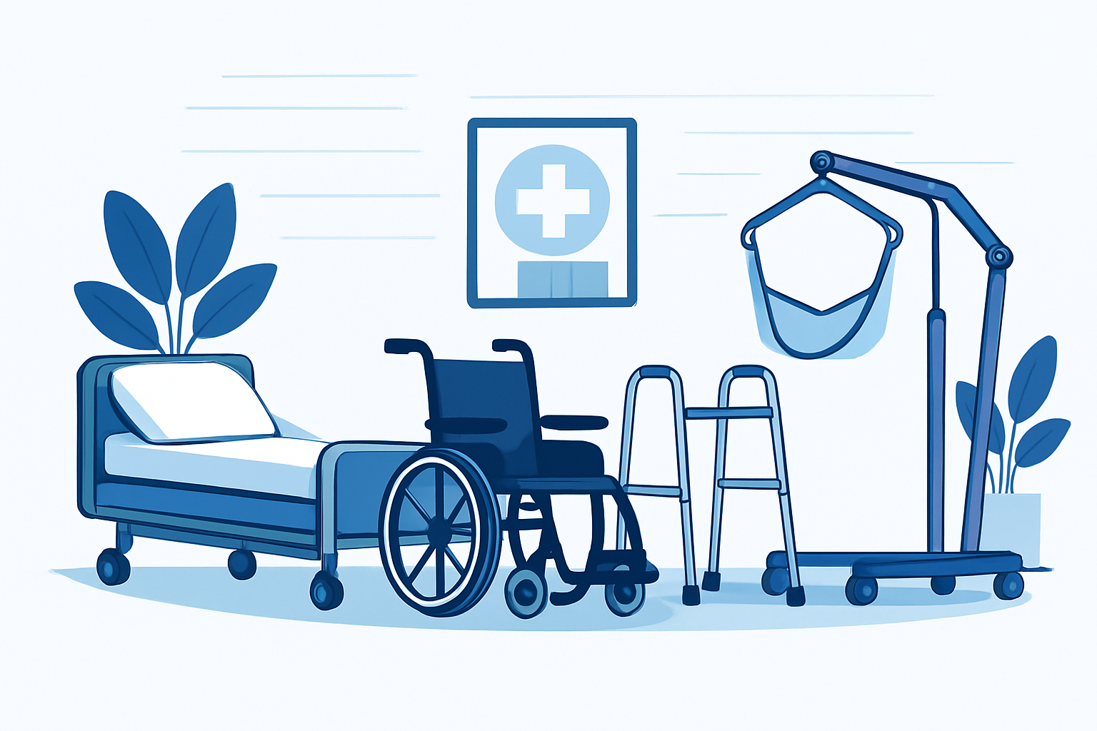 Équipement médical : lit, fauteuil roulant, déambulateur, lève-personne